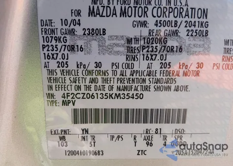 2005 Mazda Tribute S z USA, uszkodzony, nr VIN 4F2CZ06135KM35450